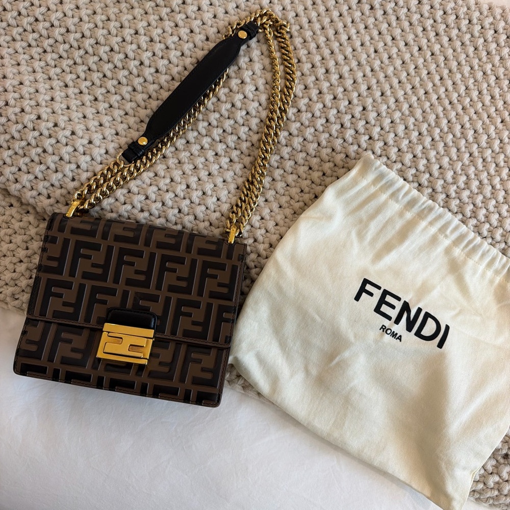 Fendi Brown and Black FF Logo Shoulder Bag with Gold Chain